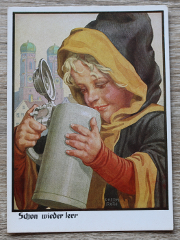 AK München / 1930-1950er Jahre / Münchner Kindl / Künstler Karte C Germ Roth / Bierkrug schon wieder leer